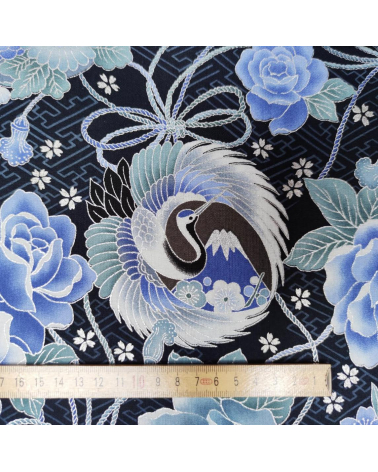 Japanese fabric 'Cranes and Fujisan' in shades of blue and silver