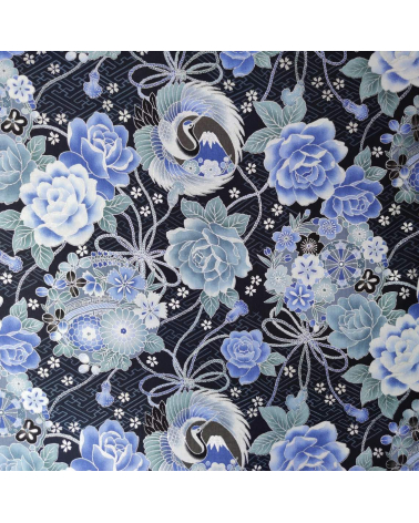 Japanese fabric 'Cranes and Fujisan' in shades of blue and silver