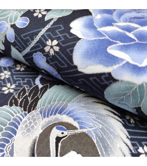Japanese fabric 'Cranes and Fujisan' in shades of blue and silver