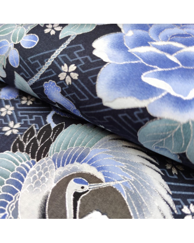 Japanese fabric 'Cranes and Fujisan' in shades of blue and silver