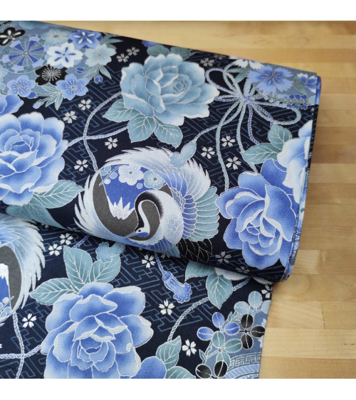 Japanese fabric 'Cranes and Fujisan' in shades of blue and silver