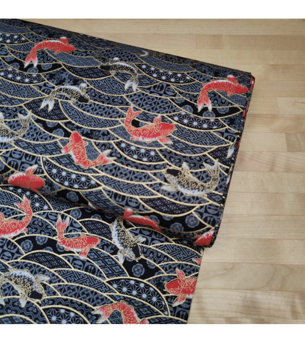 Japanese fabric 'Koifish and seigaiha' in black.