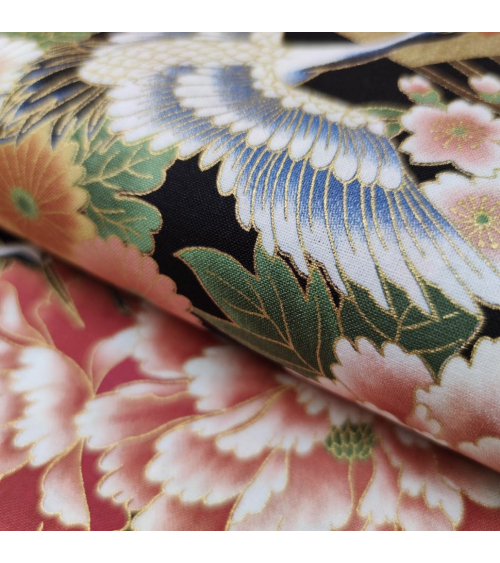 Japanese fabric Tsuru to Hana with black background.