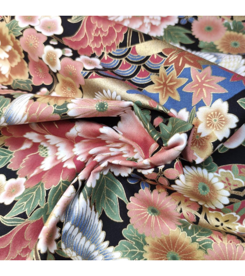 Japanese fabric Tsuru to Hana with black background.