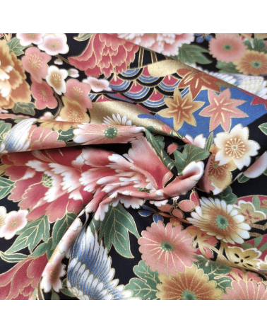 Japanese fabric Tsuru to Hana with black background.