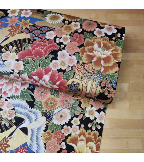 Japanese fabric Tsuru to Hana with black background.