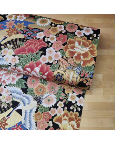 Japanese fabric Tsuru to Hana with black background.