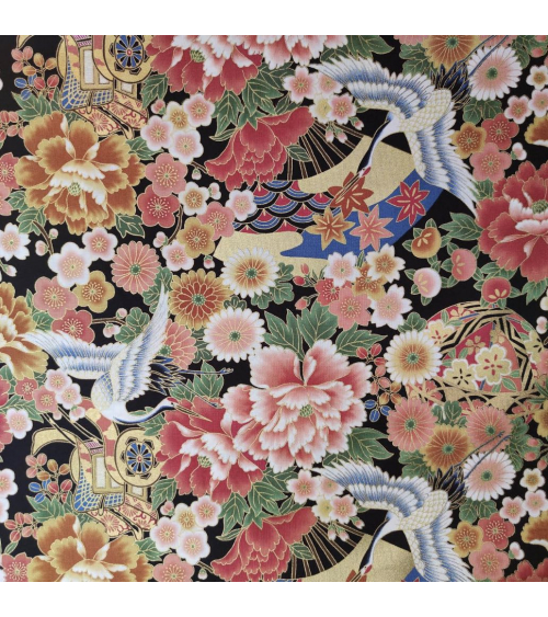 Japanese fabric Tsuru to Hana with black background.