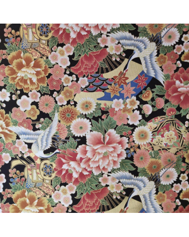 Japanese fabric Tsuru to Hana with black background.