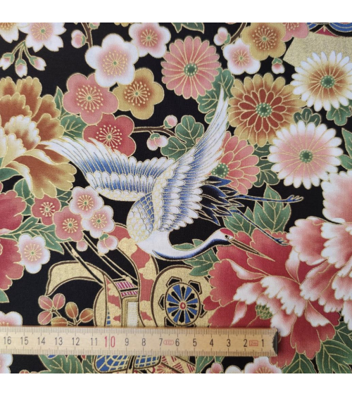 Japanese fabric Tsuru to Hana with black background.