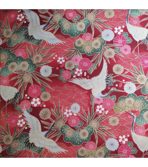 Tela japonesa de algodón de grullas en rojo con detalles en oro