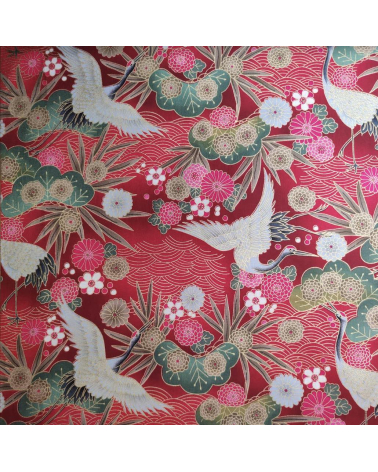 Tela japonesa de algodón de grullas en rojo con detalles en oro