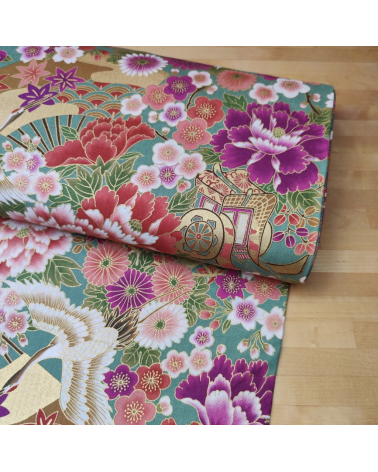 Japanese fabric Tsuru to Hana with green background.