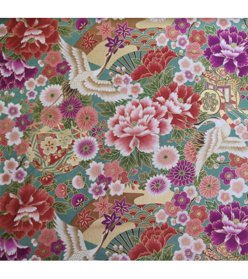 Japanese fabric Tsuru to Hana with green background.