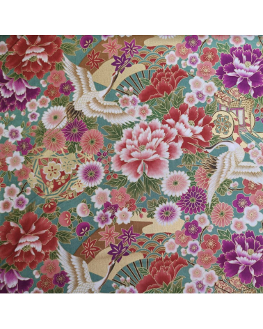 Japanese fabric Tsuru to Hana with green background.