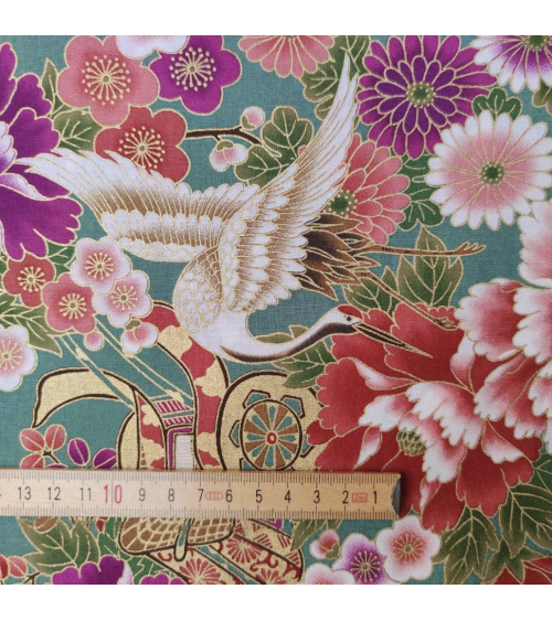 Japanese fabric Tsuru to Hana with green background.