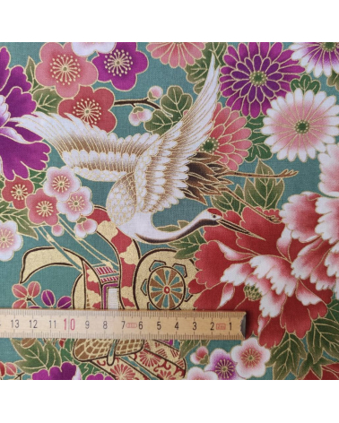 Japanese fabric Tsuru to Hana with green background.