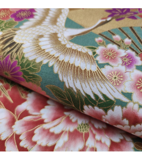 Japanese fabric Tsuru to Hana with green background.