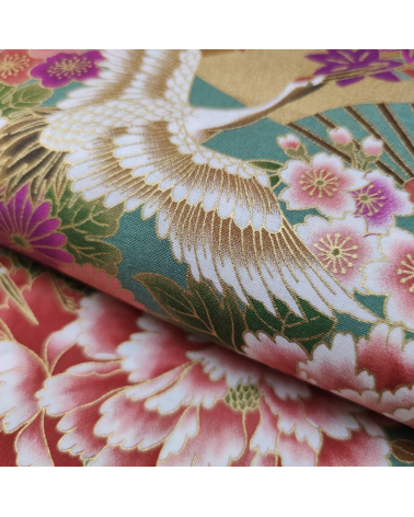 Japanese fabric Tsuru to Hana with green background.
