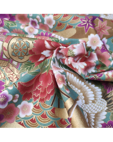 Japanese fabric Tsuru to Hana with green background.