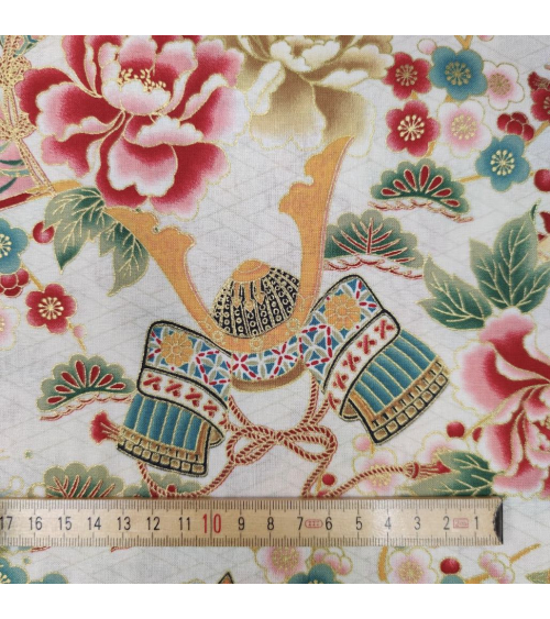 Japanese 'Kabuto' fabric, with golden highlights, on ivory background.