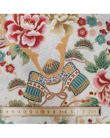 Japanese 'Kabuto' fabric, with golden highlights, on ivory background.