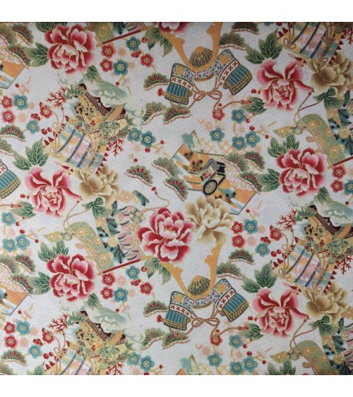 Japanese 'Kabuto' fabric, with golden highlights, on ivory background.
