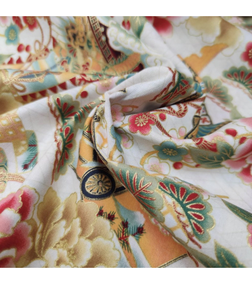 Japanese 'Kabuto' fabric, with golden highlights, on ivory background.