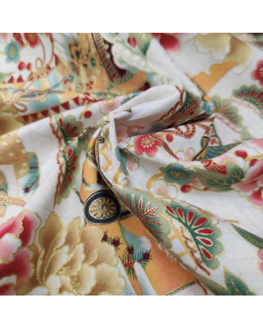 Japanese 'Kabuto' fabric, with golden highlights, on ivory background.
