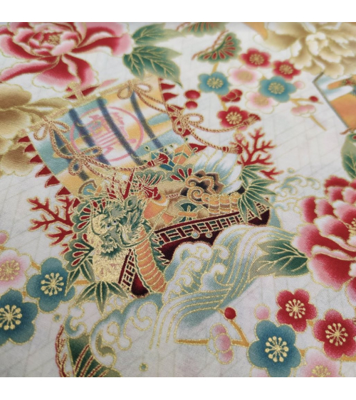 Japanese 'Kabuto' fabric, with golden highlights, on ivory background.