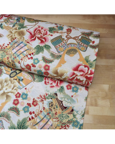 Japanese 'Kabuto' fabric, with golden highlights, on ivory background.