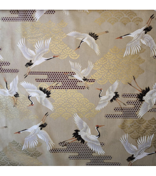 Japanese fabric. Flying Cranes and Clouds over tan.