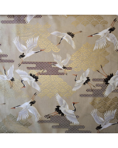 Japanese fabric. Flying Cranes and Clouds over tan.