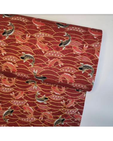 Tela japonesa  Seigaiha y carpas koi en rojo.