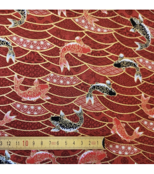 Japanese fabric 'Koifish and seigaiha' in red.