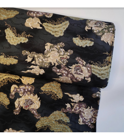 Japanese cotton fabric 'Sishi to matsu' in black.