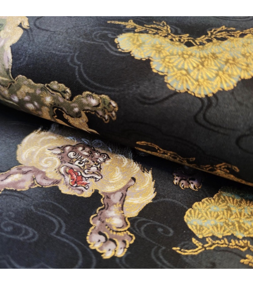 Japanese cotton fabric 'Sishi to matsu' in black.