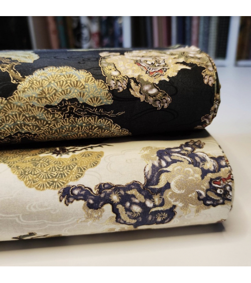 Japanese cotton fabric 'Sishi to matsu' in black.