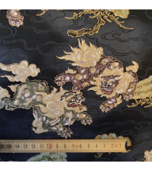 Japanese cotton fabric 'Sishi to matsu' in black.