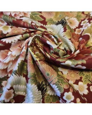 Japanese fabric Tsuru to Hana with red background.