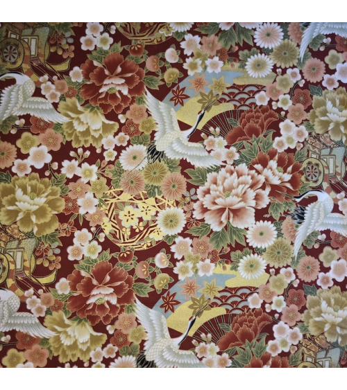 Japanese fabric Tsuru to Hana with red background.
