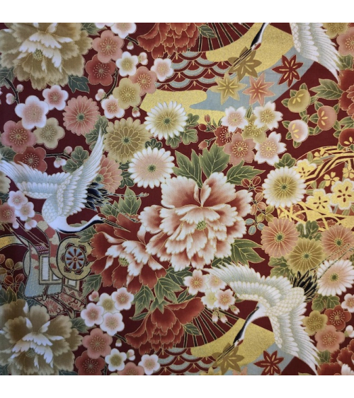 Japanese fabric Tsuru to Hana with red background.