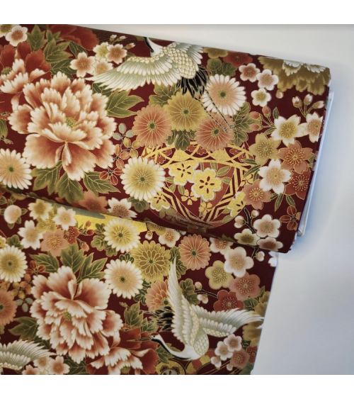 Japanese fabric Tsuru to Hana with red background.