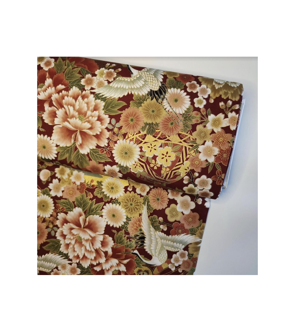 Japanese fabric Tsuru to Hana with red background.