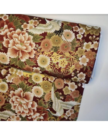Japanese fabric Tsuru to Hana with red background.