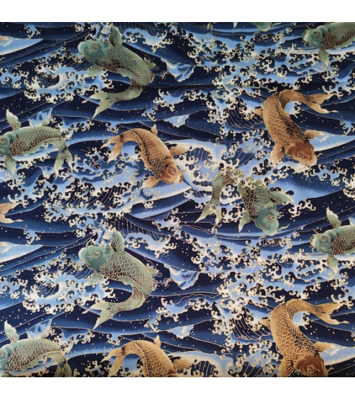 Tela japonesa  koi to nami en azul.