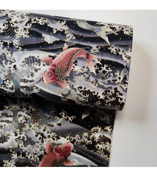 Japanese fabric 'Koi to nami' in black.