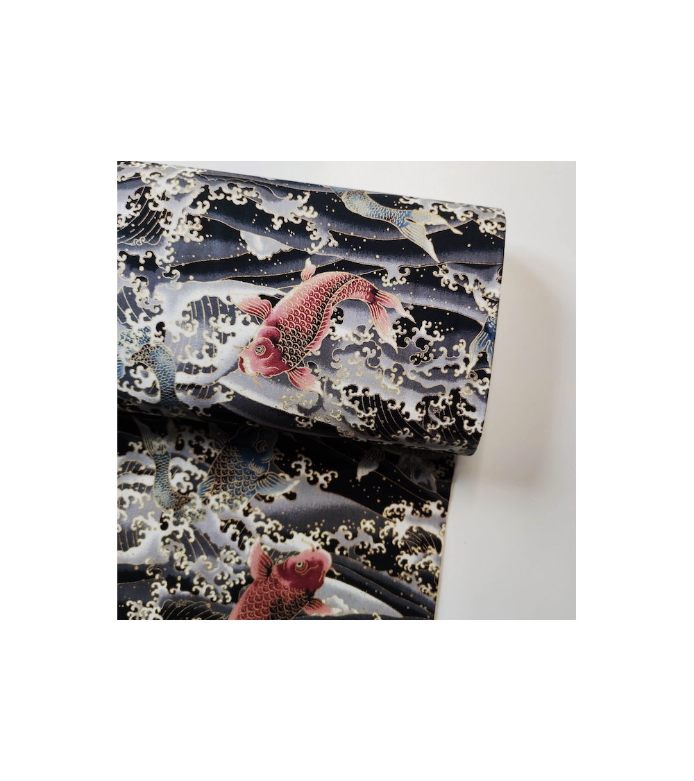 Japanese fabric 'Koi to nami' in black.