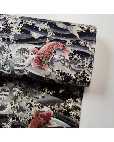 Japanese fabric 'Koi to nami' in black.