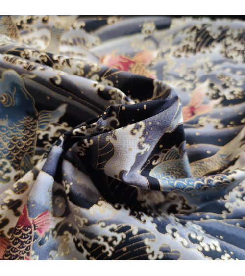 Japanese fabric 'Koi to nami' in black.